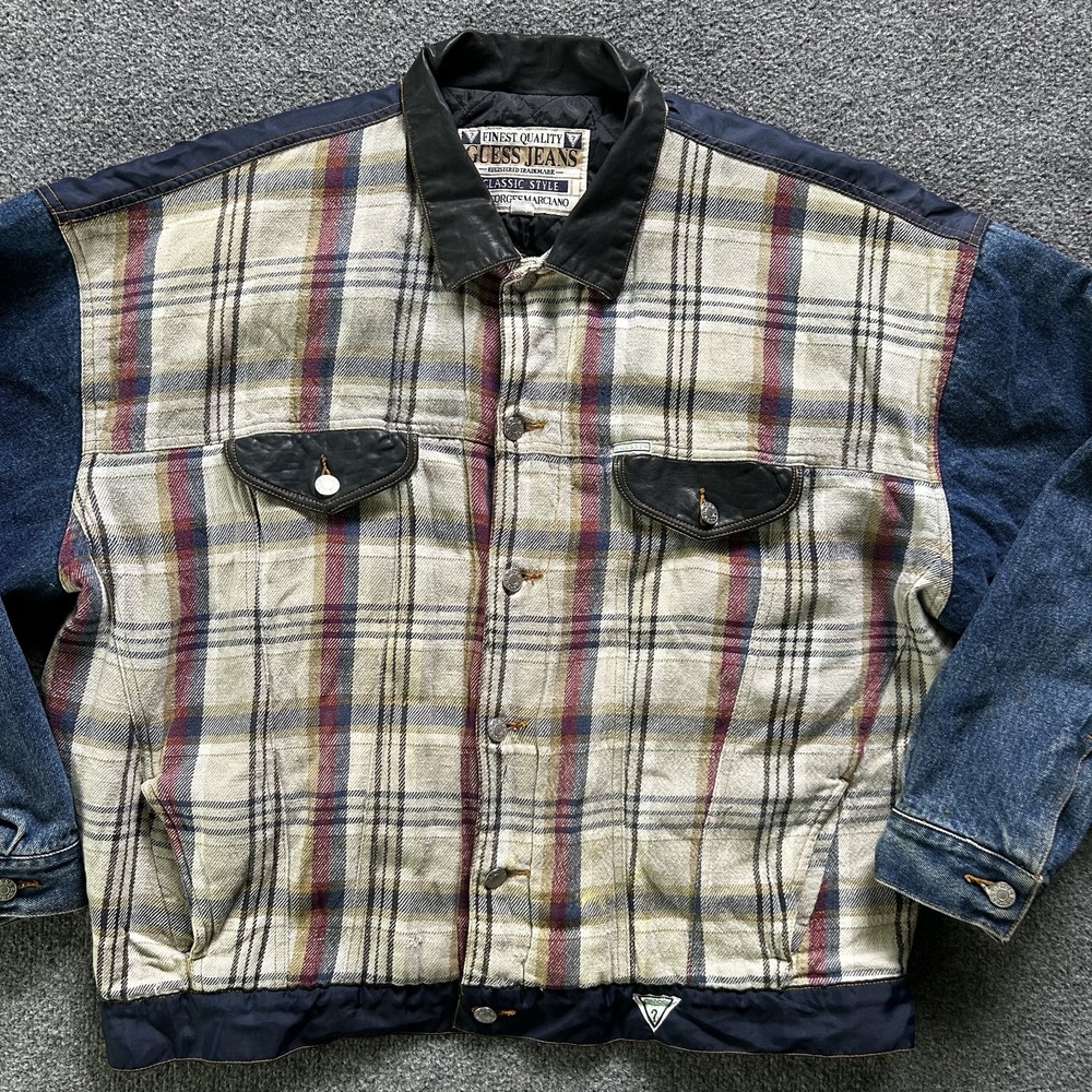 Vintage Guess Jeans Jacket Mens XL Plaid Denim Bomber Lined Hong Kong Grunge 80s